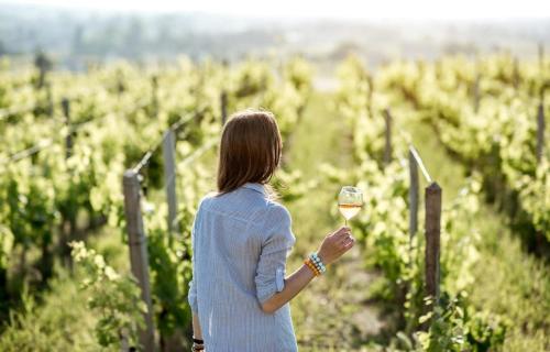 una mujer sosteniendo una copa de vino en un viñedo en Villa Ambra en Sant'Albino