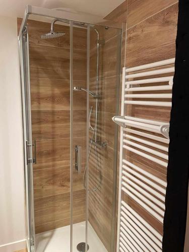 d'une douche avec une porte en verre et un mur en bois. dans l'établissement T1 bis Intra Muros, à Vannes