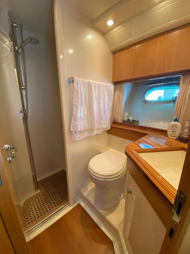 a small bathroom with a toilet and a shower at Yacht Cantieri Sarnico 60 feet in Cannigione