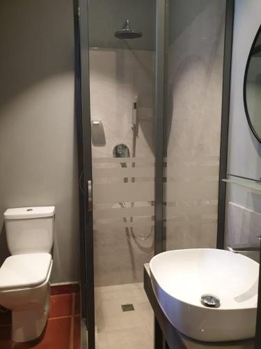 a bathroom with a shower and a toilet and a sink at Janishi Residencies in Negombo