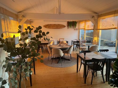 - une salle à manger avec des tables, des chaises et des fenêtres dans l'établissement Hotel La Licorne, à Carnac