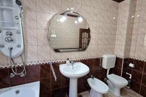 ein Badezimmer mit einem Waschbecken, einem WC und einem Spiegel in der Unterkunft Radauti Residence 1P in Rădăuţi