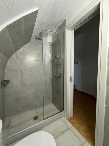 y baño con ducha con cabina de ducha de cristal. en CosinesHouse, en Leonidio
