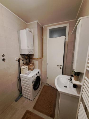 a small bathroom with a washing machine and a sink at Apartman ML in Lukavica