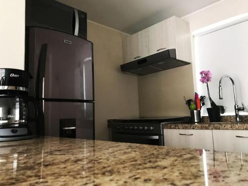 a kitchen with a stainless steel refrigerator and a counter at Cerca de hospital infantil wtc centrico y seguro! in Mexico City
