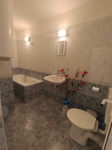 a bathroom with a toilet and a sink and a tub at Стаи за гости Ники in Nesebar