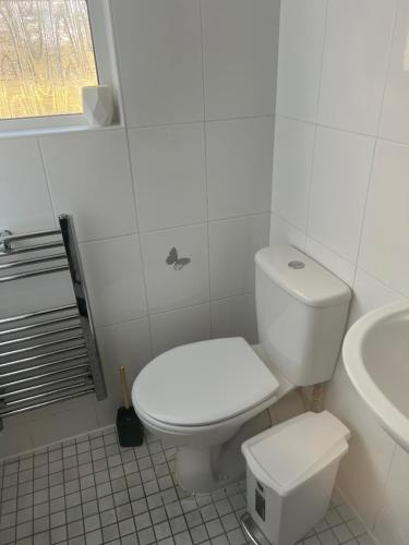 a white bathroom with a toilet and a sink at Private Room in Basildon in Vange