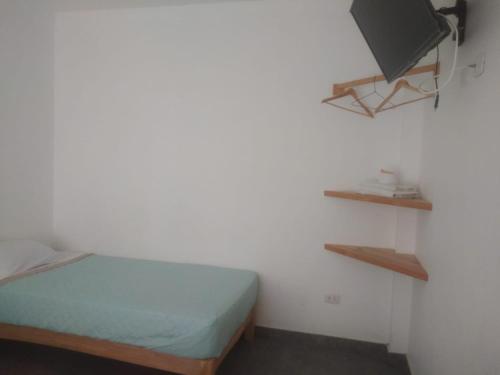 1 dormitorio con 1 cama y TV en la pared en HOSPEDAJE PARACAS SUR en Paracas