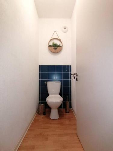 La salle de bains est pourvue de toilettes et d'un mur carrelé bleu. dans l'établissement Appartement de la Marmotte Cendrée, dans résidence de tourisme 3 étoiles, à Lourdes