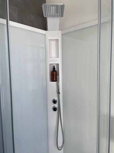 a shower in a bathroom with a white door at Bjork Guesthouse in Laugarvatn