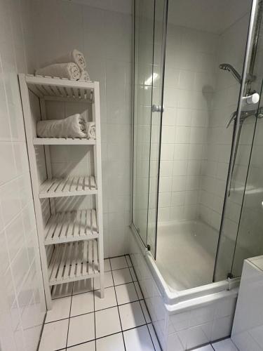ein weißes Bad mit einer Dusche und einem Handtuch in der Unterkunft 1Bedroom Apartment in Wien