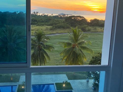 a window with a view of a palm tree at PlayaBlanca Ocean Blue "Vista al Mar" in Playa Blanca