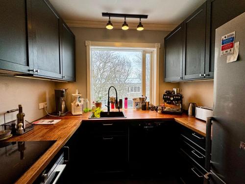 uma cozinha com armários pretos, um lavatório e uma janela em Cozy, central Apartment em Reykjavík