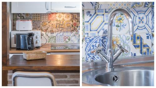 two pictures of a kitchen with a sink and a counter at Apartamentos Zocosol by Toledo AP in Toledo