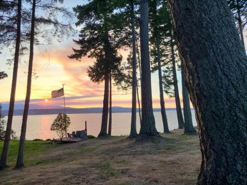 a group of trees with an american flag in front of the water at Eagles Perch Retreat in Hansville