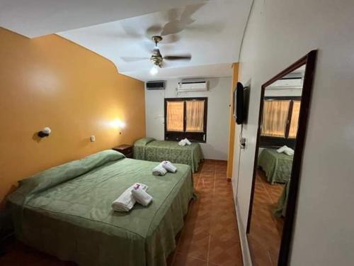 1 dormitorio con 2 camas verdes y techo en Hotel Santander en Termas de Río Hondo
