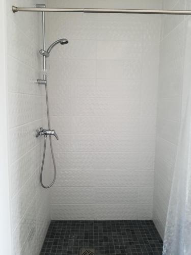 La salle de bains est pourvue d'une douche avec rideau de douche. dans l'établissement Villa Montélimar, à Montélimar