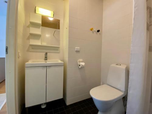 a white bathroom with a toilet and a sink at Tranquil studio near nature, free parking& wifi in Helsinki