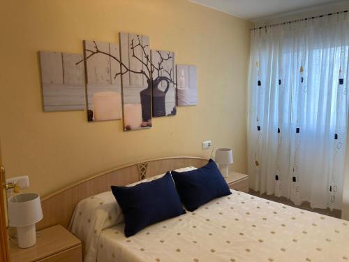 een slaapkamer met een bed met blauwe kussens bij Casa Aloe C. Las Playitas. in Las Playitas