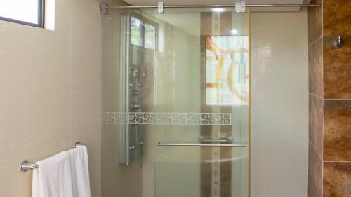a shower with a glass door in a bathroom at Hotel San Juan Internacional in Bucaramanga