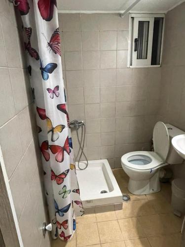 uma casa de banho com WC e uma cortina de chuveiro com borboletas em Studio Anna em Xanthi