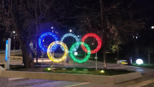 een weergave van de Olympische Spelen verlicht in de nacht bij Amore - Best located, calm & super tidy in Sarajevo