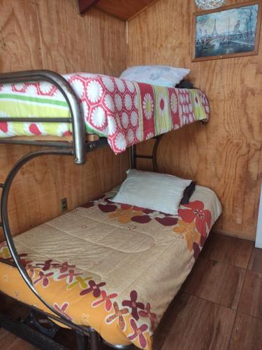 Ce lit superposé se trouve dans un dortoir doté d'un couvre-lit. dans l'établissement Las 3 Golondrinas, à El Quisco