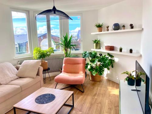 un salon avec un canapé et quelques plantes dans l'établissement Hyper centre-BabyFoot-fléchette, à Arras