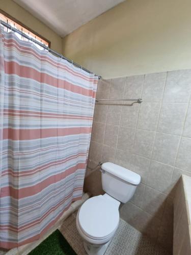 a bathroom with a toilet and a shower curtain at Ometepe House in Moyogalpa