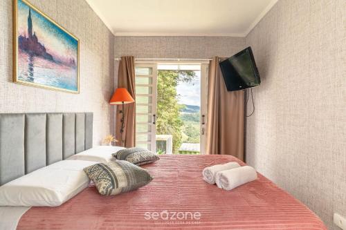 カンポス・ド・ジョルドンにあるRNN - Cabanas estilo Tiny Houseのベッドルーム1室(大型ベッド1台、壁掛けテレビ付)