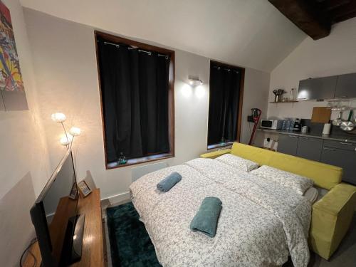 - une chambre avec un lit et un canapé jaune dans l'établissement Le Duplex des Remparts, à Lille