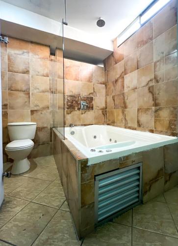 a bathroom with a bath tub and a toilet at Hotel Natural Medellin in Medellín