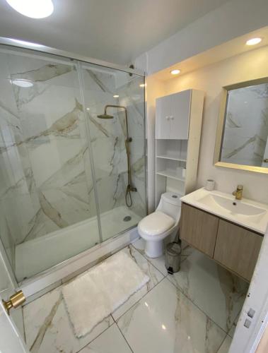 uma casa de banho com um chuveiro, um WC e um lavatório. em Dpto. Con excelente ubicación em Santiago