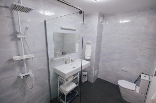 a bathroom with a shower and a sink and a toilet at Cozy Seaside Studio Apartment C - Faraway in Lagoa