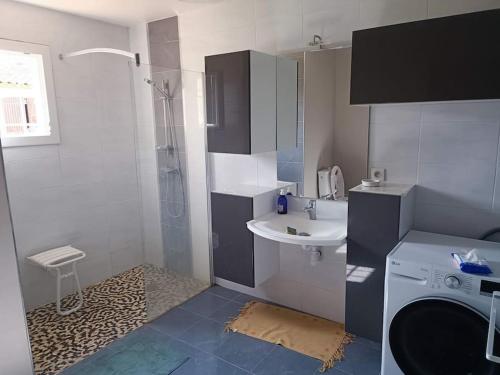 a bathroom with a sink and a washing machine at Villa T4, 95m² entre Montpellier et Pic Saint Loup in Prades-le-Lez