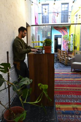 a man standing at a counter in a room with plants at Maison Verte - Budget Edition in Arequipa