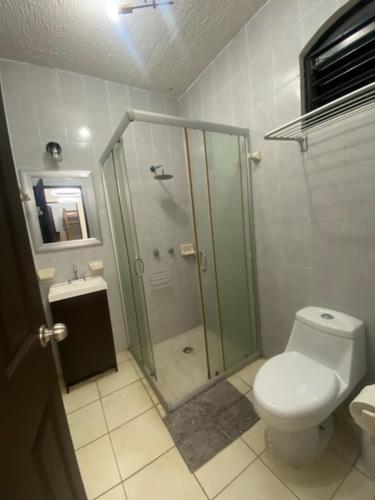 La salle de bains est pourvue de toilettes et d'une douche en verre. dans l'établissement HERMOSA CASA PRIVADA EN FRACC VALLE VERDE, AL SUR DE LA CIUDAD., à Tapachula