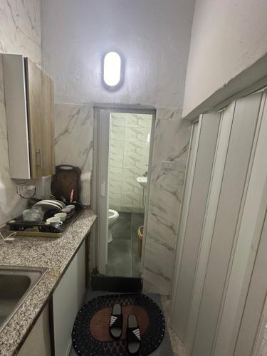 a small bathroom with a sink and a shower at Furnished studio with private entrance in Irbid