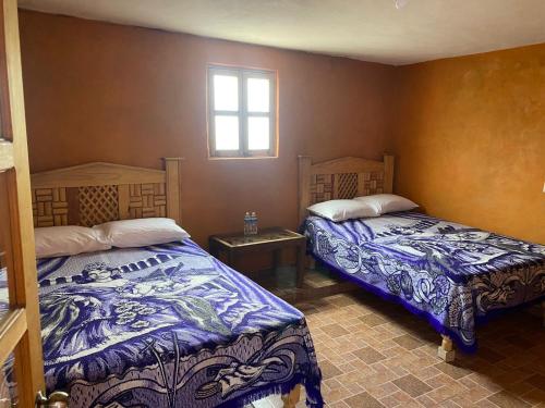 1 Schlafzimmer mit 2 Betten und einem Fenster in der Unterkunft Alex in Real de Catorce