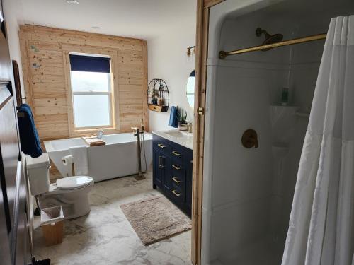 a bathroom with a tub and a toilet and a sink at Seaclusion Twillingate in Twillingate