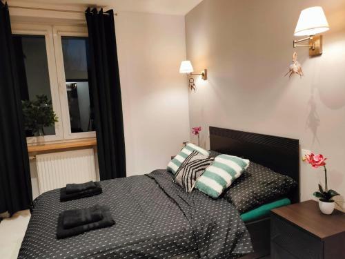 a bedroom with a bed with two pillows on it at Apartament przy Operze in Białystok
