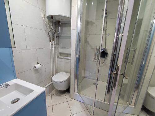 une salle de bain avec une douche, des toilettes et un lavabo dans l'établissement Appartement Climatisé avec Parking Privé à 450m des Plages d'Argelès-sur-Mer - FR-1-776-76, à Argelès-sur-Mer