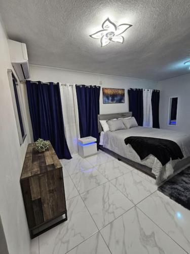 a bedroom with a large bed and blue curtains at Skywin Airbnb - 1 Bedroom Apt&Sofa Bed - HWT, KGN in Camperdown