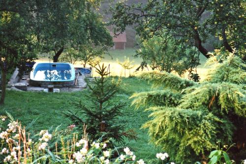 a blue van parked in a field with trees at Landhaus Waldfrieden in Lassnitzhöhe