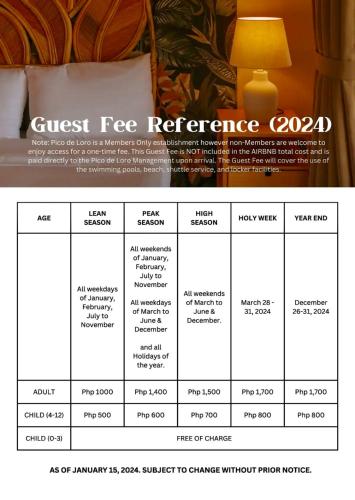 a poster with a guest fee reference sheet for a bedroom at 3BD/3BA Penthouse - Tropical Oasis in Pico de Loro in Patungan