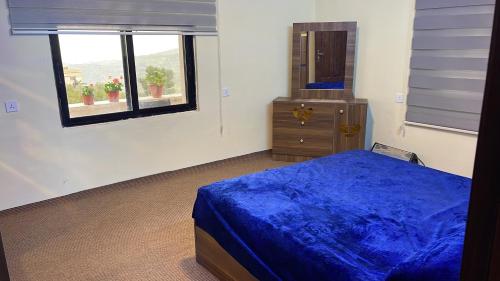 a bedroom with a blue bed and a dresser and windows at furnished apartments for rent in Irbid