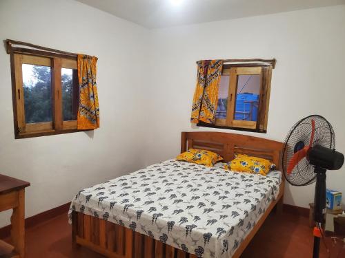 a bedroom with a bed with a fan and two windows at Villa Baobab in Tôlagnaro