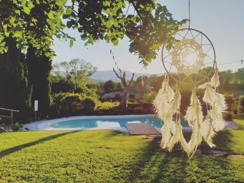 - un capteur de rêve suspendu à un arbre à côté d'une piscine dans l'établissement Casa Kikenda, viaggio nella Natura, à Treia