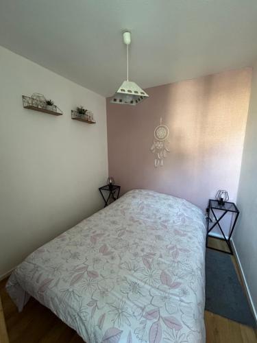 1 dormitorio con 1 cama con colcha de flores en Appt entier rdc 1 chambre Allée d'Etigny en Luchon