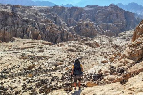 una persona parada en el borde de un cañón en Adventure camping - Organized Trekking from Dana to Petra en Ḑānā